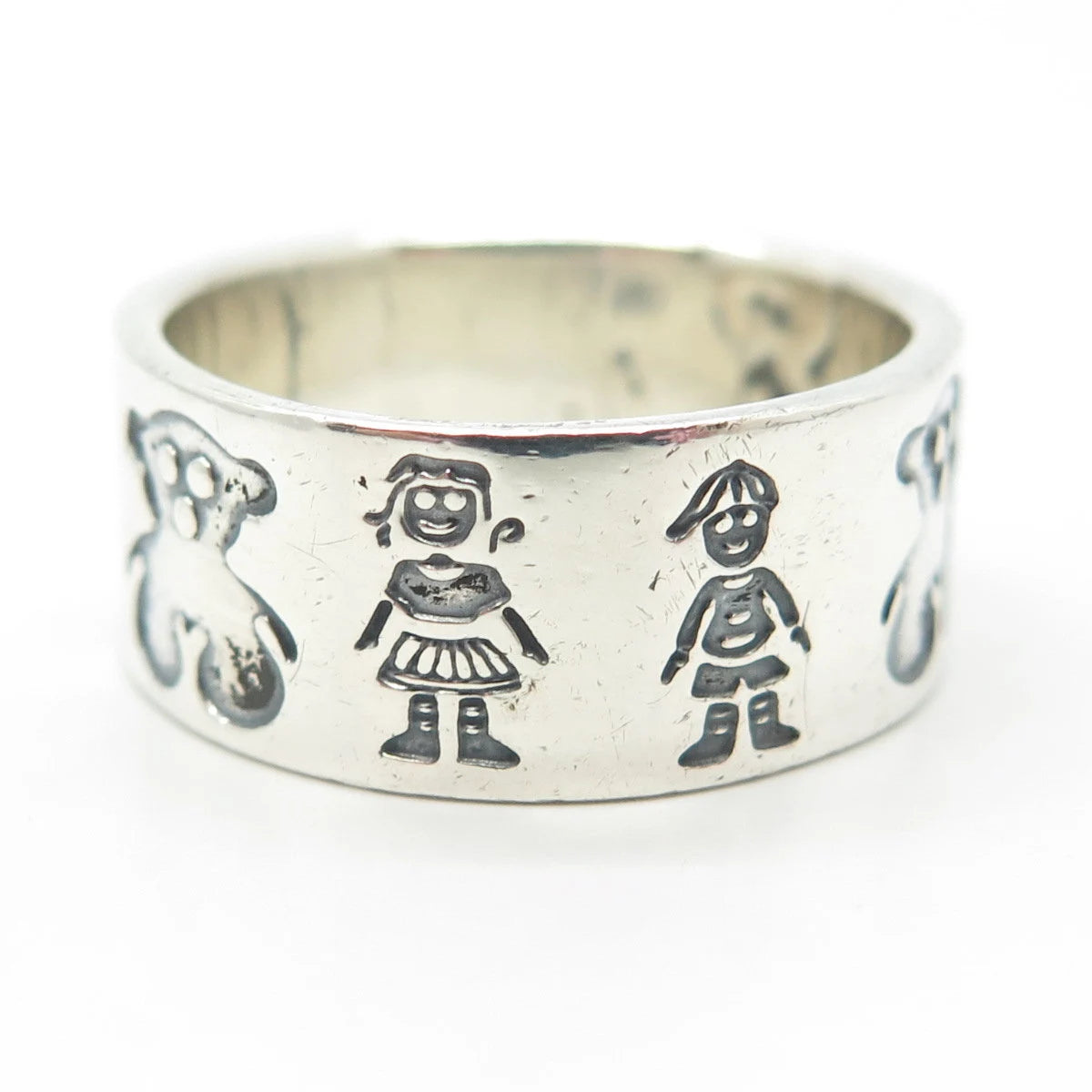 925 Sterling Silver Vintage Mexico Girl Boy & Bear Band Ring Size 11.5