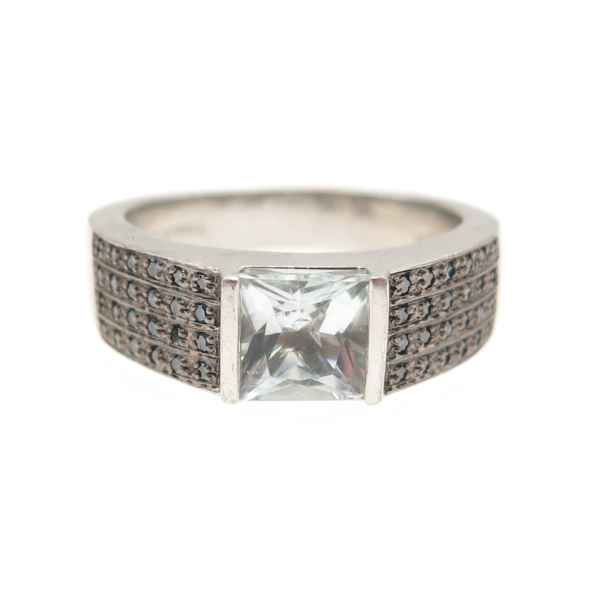 925 Sterling Silver Real Blue Diamond & Princess-Cut Aquamarine Ring Size 11