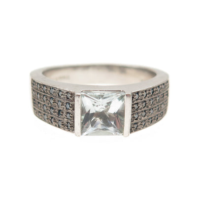 925 Sterling Silver Real Blue Diamond & Princess-Cut Aquamarine Ring Size 11