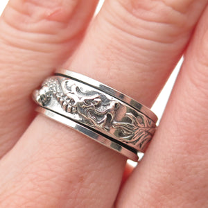 925 Sterling Silver Vintage Dragon Oxidized Rotating Band Ring Size 7.75