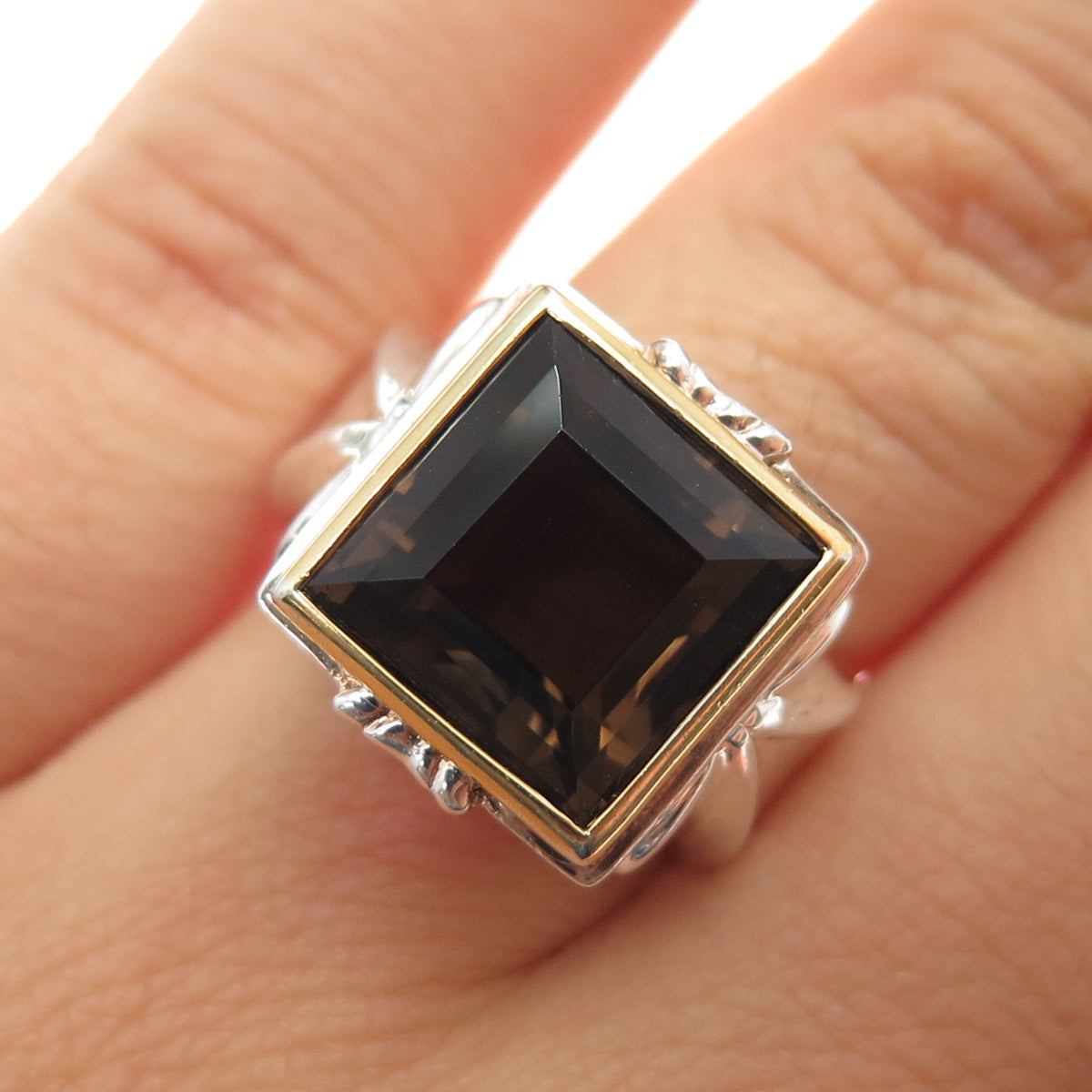 ALON DILLER 925 Sterling Silver 2-Tone Vintage Real Smoky Quartz Ring Size 6.25