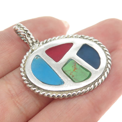 ATI 925 Sterling Silver Vintage Mexico Real Turquoise Gemstone & Enamel Pendant