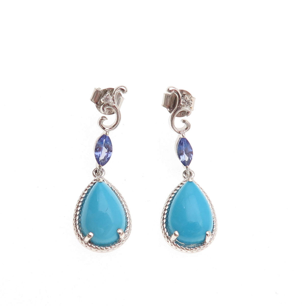 Chuck Clemency 925 Sterling Silver Real Turquoise & Tanzanite Dangle Earrings