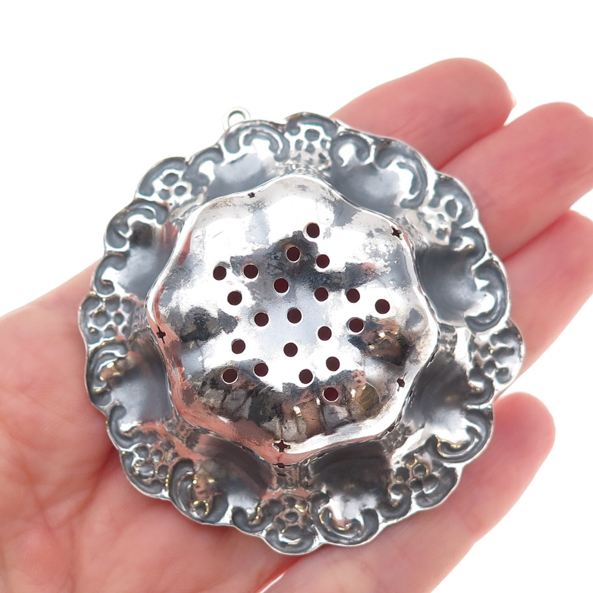 Silver-Tone Antique Art Deco Oxidized Repousse Tea Strainer Basket