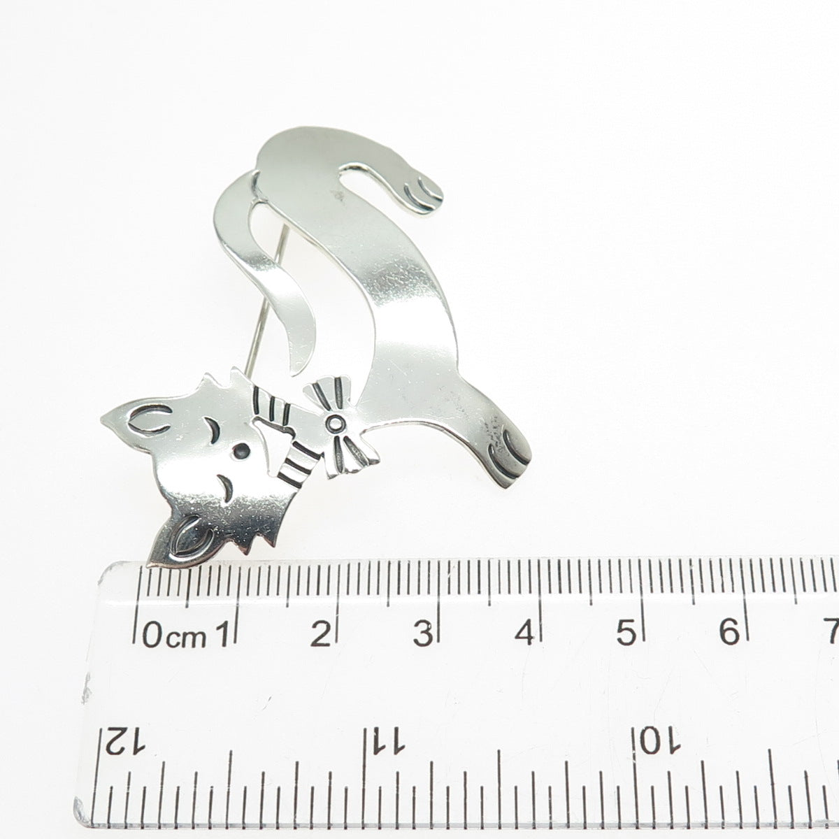 925 Sterling Silver Vintage Mexico Modernist Cat Oxidized Pin Brooch