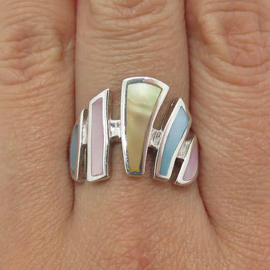 925 Sterling Silver Vintage Real Multi-Color MOP Modernist Ring Size 9.25