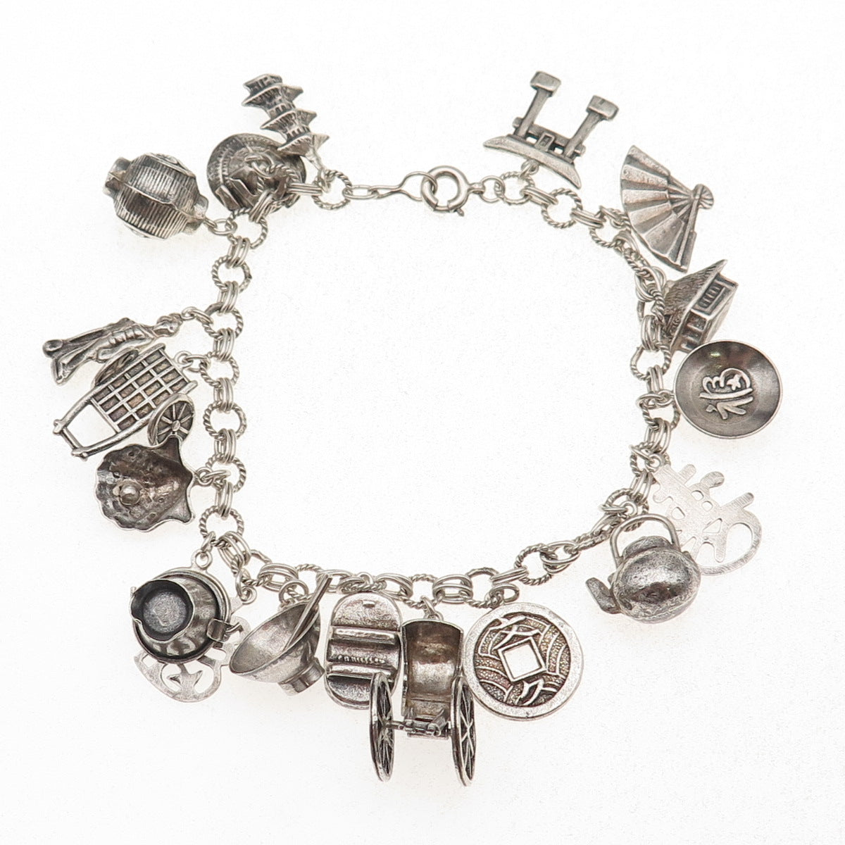 950 Silver Antique Japanese Culture & Travel Dangle Charms Bracelet 7.5"