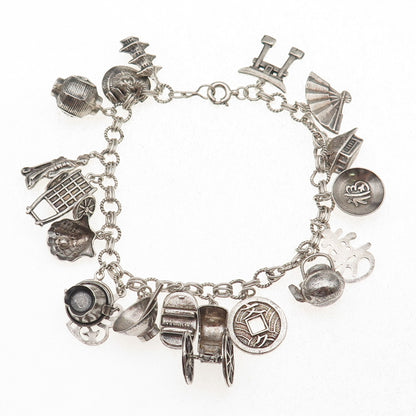 950 Silver Antique Japanese Culture & Travel Dangle Charms Bracelet 7.5"