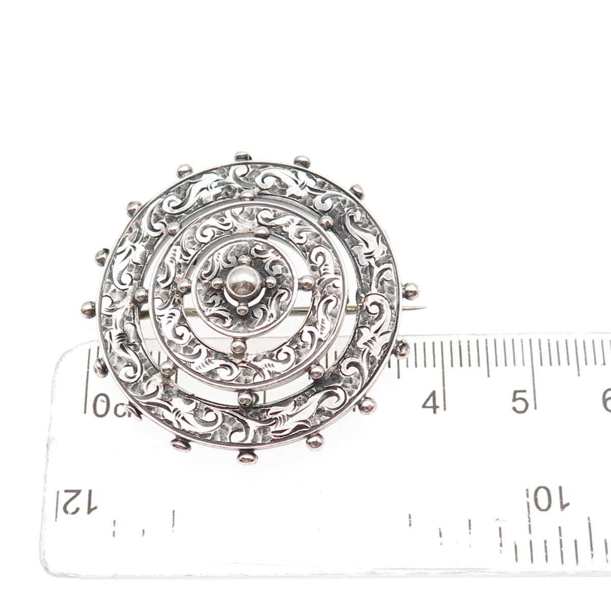 925 Sterling Silver Antique Victorian Engraved Floral Wheel Oxidized Pin Brooch