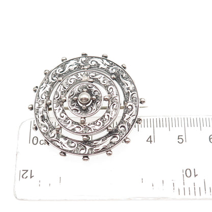 925 Sterling Silver Antique Victorian Engraved Floral Wheel Oxidized Pin Brooch