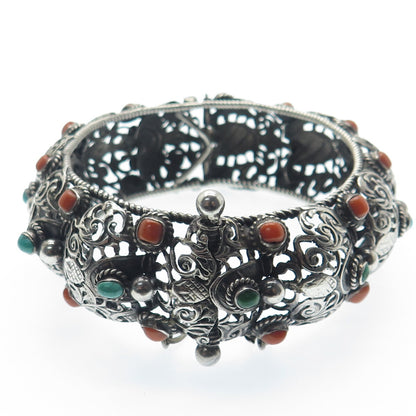 925 Sterling Silver Antique Real Turquoise Coral Floral Oxidized Bracelet 7.75"