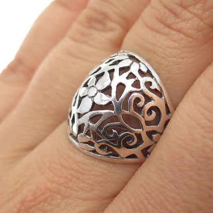 925 Sterling Silver Vintage Flower Oxidized Dome Ring Size 7