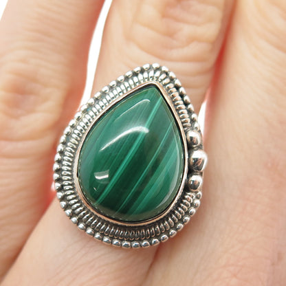 925 Sterling Silver Vintage Southwestern Real Malachite Teardrop Ring Size 6.25