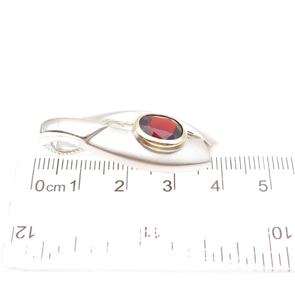 925 Sterling Silver 2-Tone Real Red Garnet Modernist Slide Pendant