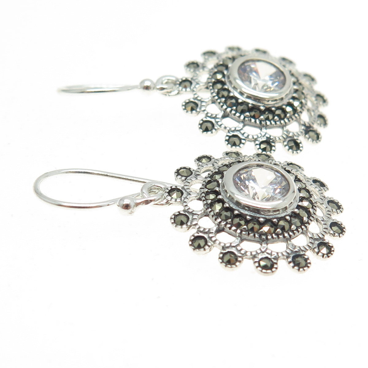 925 Sterling Silver Real Marcasite & Round-Cut C Z Floral Dangling Earrings