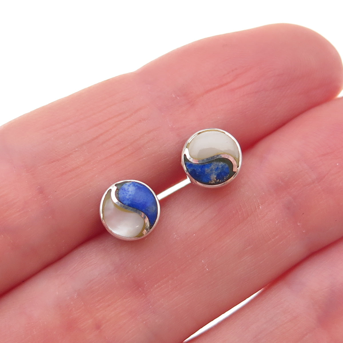 Old Pawn Sterling Silver Vintage Southwestern Lapis & MOP Yin Yang Stud Earrings