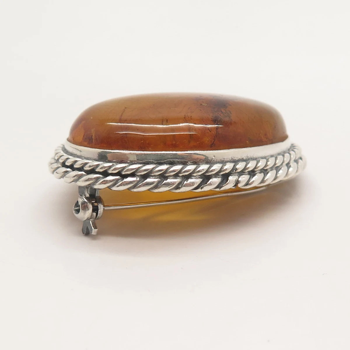 925 Sterling Silver Vintage Real Amber Twisted Oval Pin Brooch