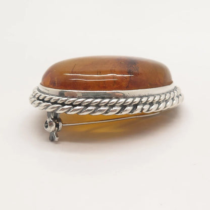 925 Sterling Silver Vintage Real Amber Twisted Oval Pin Brooch