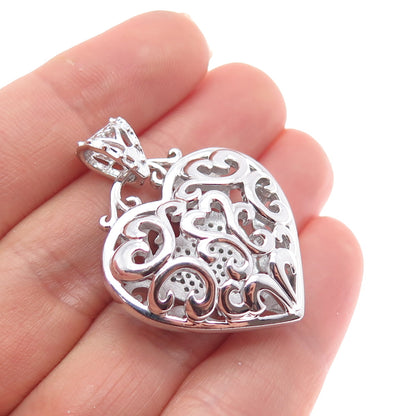 925 Sterling Silver Real Round-Cut Diamond Swirl Heart Charm Pendant