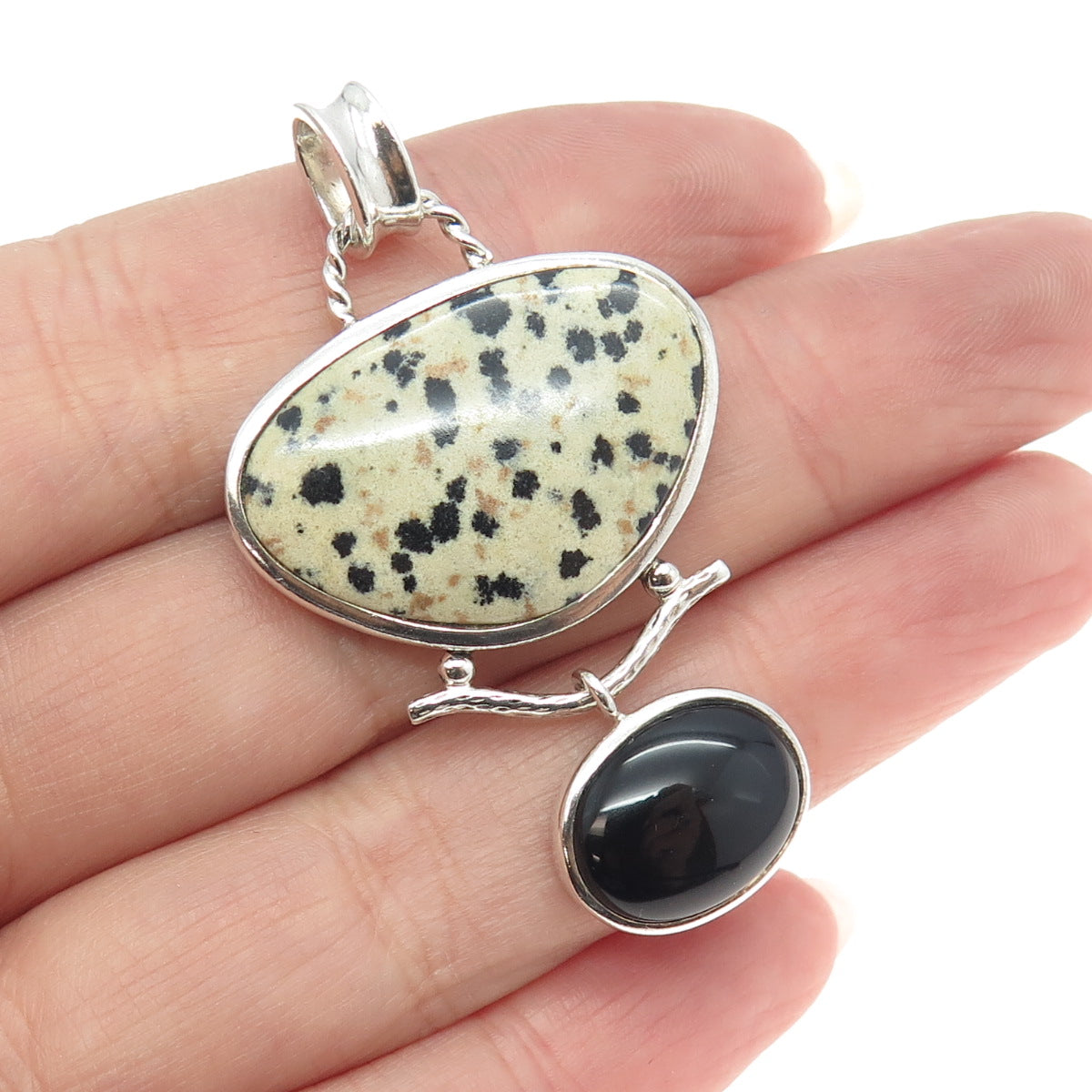 WHITNEY KELLY 925 Sterling Silver Vintage Dendritic Agate Black Onyx Gem Pendant