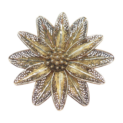 800 Silver Gold Plated Vintage Flower Filigree Pin Brooch