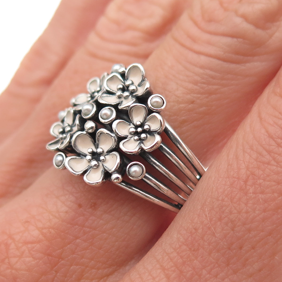 Pandora 925 Sterling Enamel Real Pearl Cherry Blossom Bouquet Ring Size 9.25