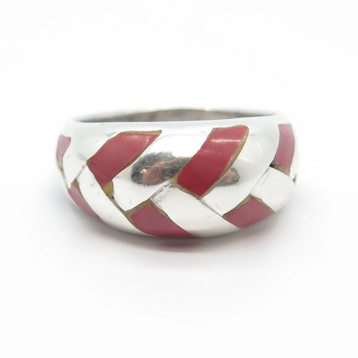 925 Sterling Silver Vintage Real Rhodochrosite Gemstone Wicker Ring Size 9