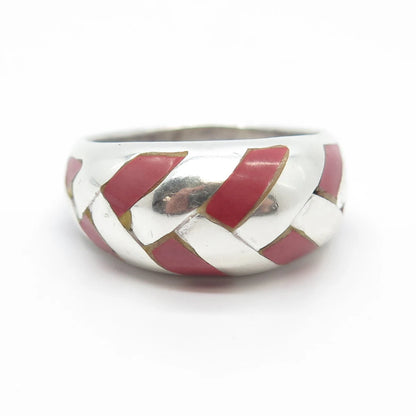 925 Sterling Silver Vintage Real Rhodochrosite Gemstone Wicker Ring Size 9