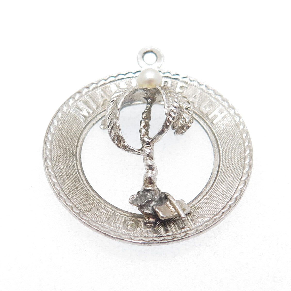 925 Sterling Silver Vintage Real Pearl Miami Beach Florida Palm Tree Pendant
