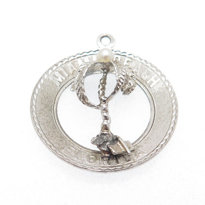 925 Sterling Silver Vintage Real Pearl Miami Beach Florida Palm Tree Pendant