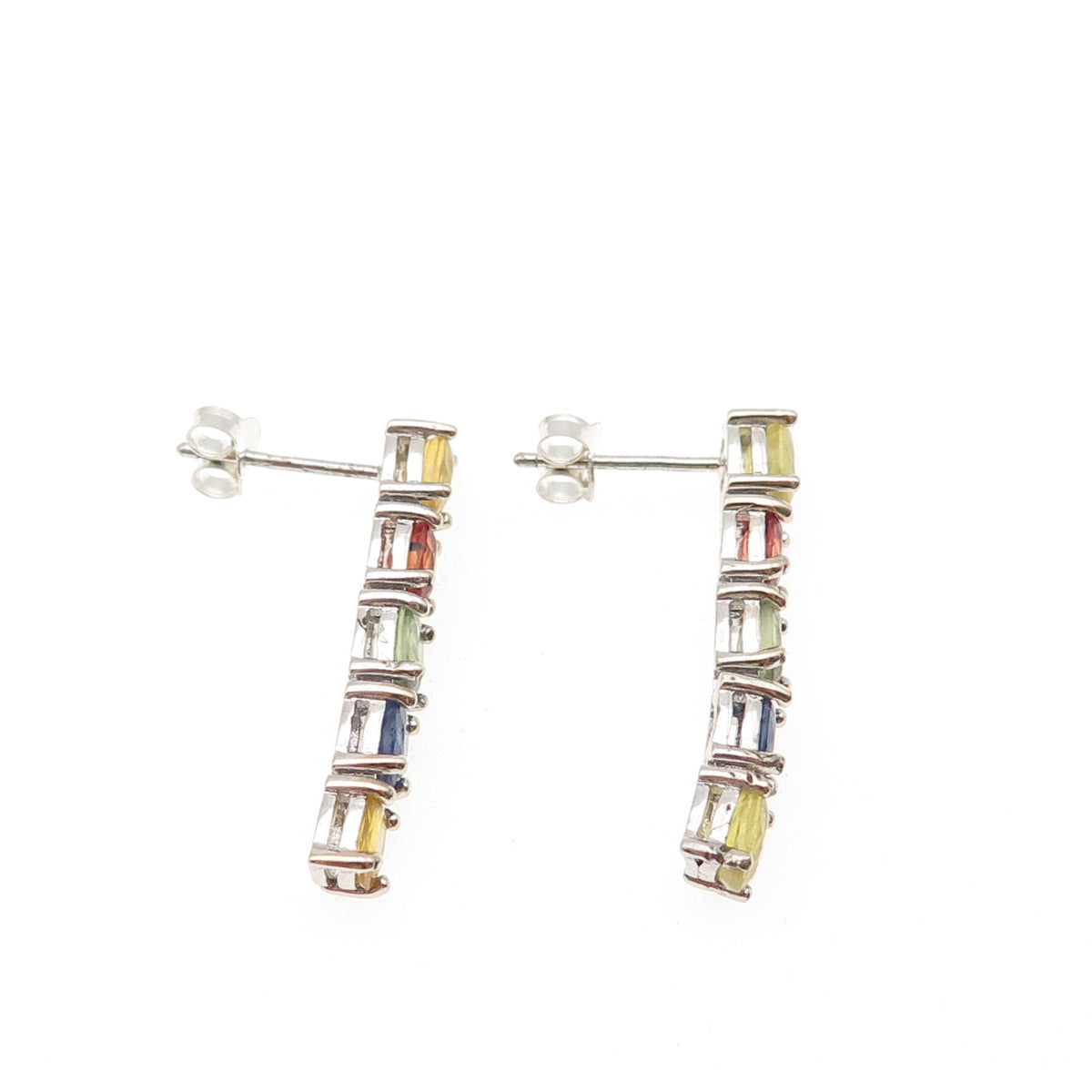 925 Sterling Silver Real Oval-Cut Multi-Color Sapphire Bar Earrings
