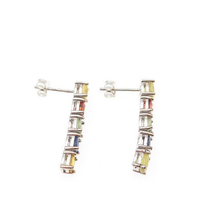 925 Sterling Silver Real Oval-Cut Multi-Color Sapphire Bar Earrings