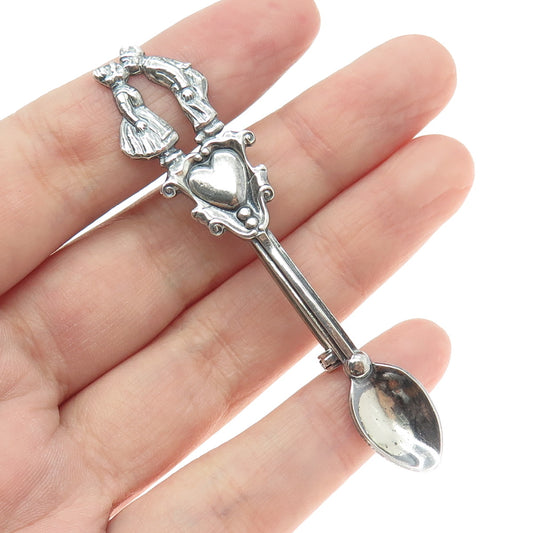 925 Sterling Silver Antique Art Deco Couple Kiss Oxidized Salt Spoon Pin Brooch