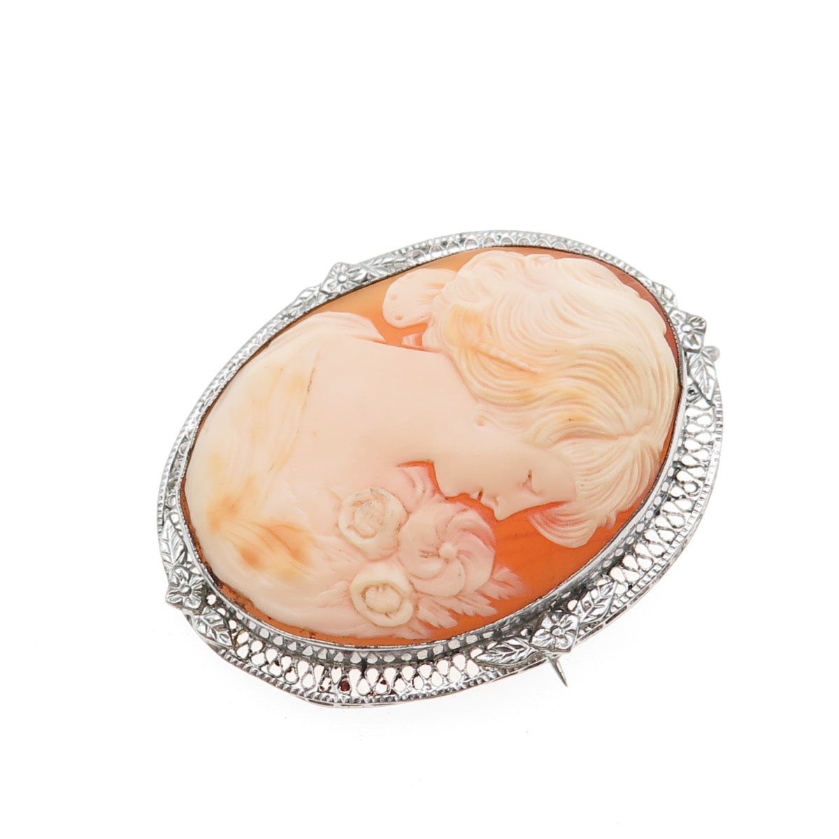 925 Sterling Silver Antique Art Deco Real MOP Lady Cameo Pin Brooch / Pendant