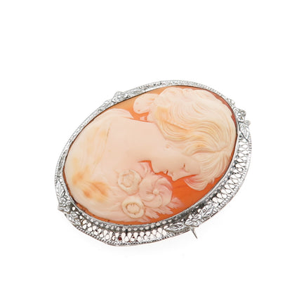 925 Sterling Silver Antique Art Deco Real MOP Lady Cameo Pin Brooch / Pendant