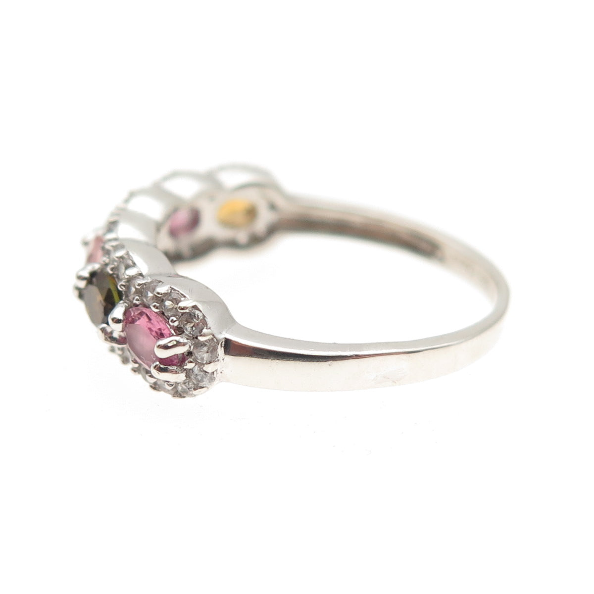 925 Sterling Silver Real Multi-Color Tourmaline & White Topaz Ring Size 6.75