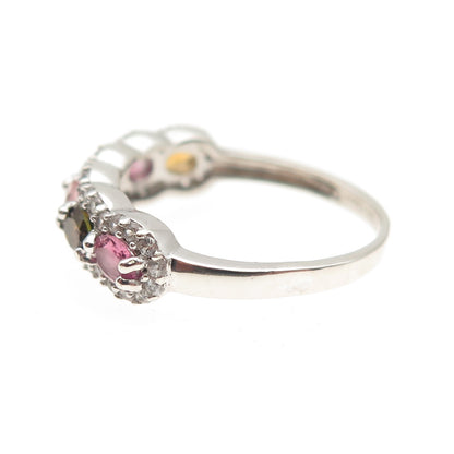 925 Sterling Silver Real Multi-Color Tourmaline & White Topaz Ring Size 6.75