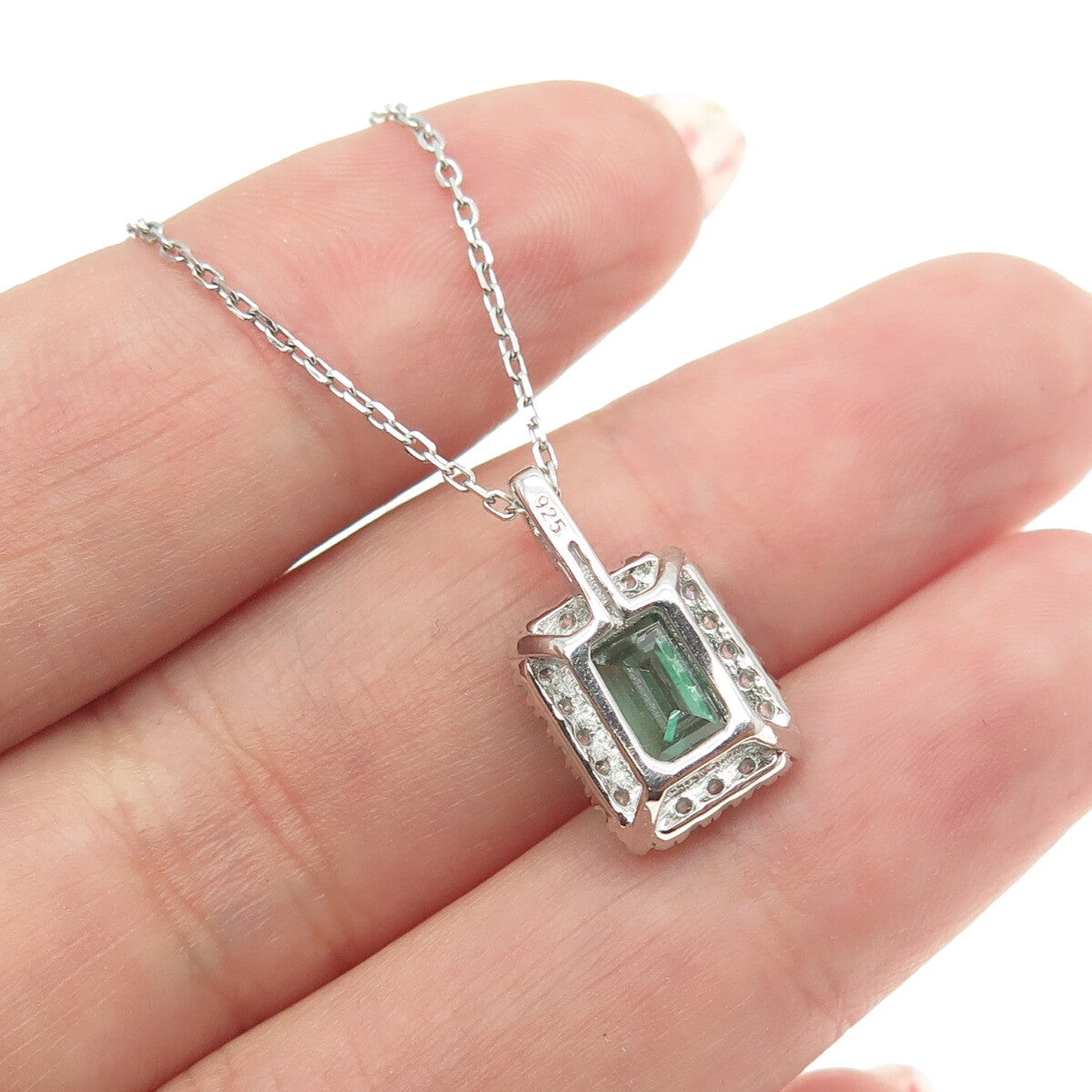 925 Sterling Silver Emerald & Round-Cut C Z Cable Chain Necklace 16-18"