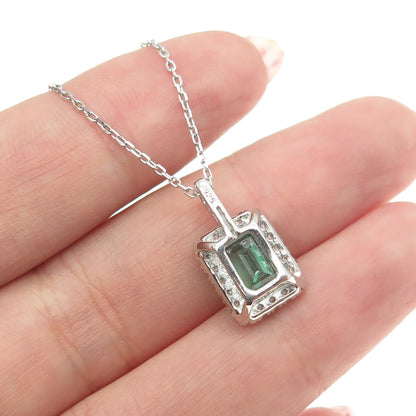 925 Sterling Silver Emerald & Round-Cut C Z Cable Chain Necklace 16-18"