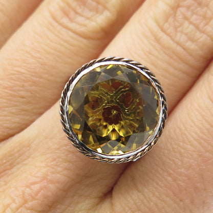 925 Sterling Silver 2-Tone Real Round-Cut Citrine Roped Ring Size 7