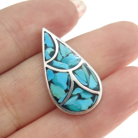 Old Pawn Sterling Silver Vintage Southwestern Turquoise Inlay Teardrop Pendant