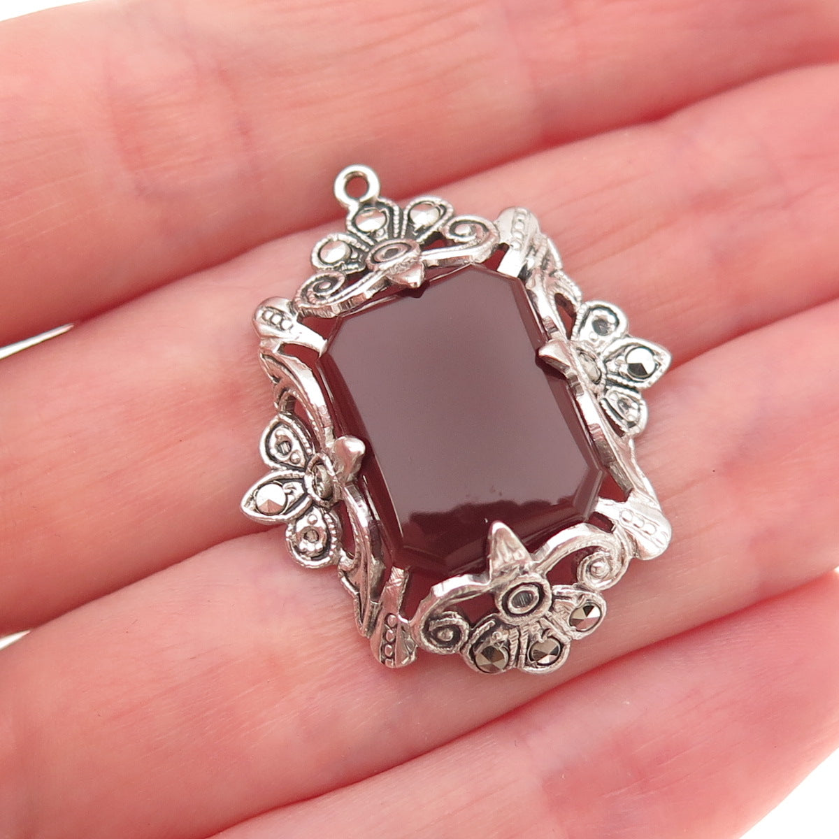 925 Sterling Silver Antique Art Deco Real Carnelian & Marcasite Charm Pendant