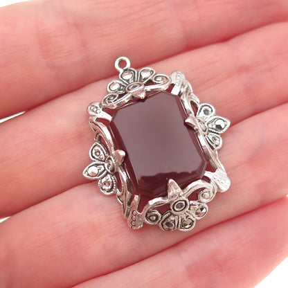 925 Sterling Silver Antique Art Deco Real Carnelian & Marcasite Charm Pendant