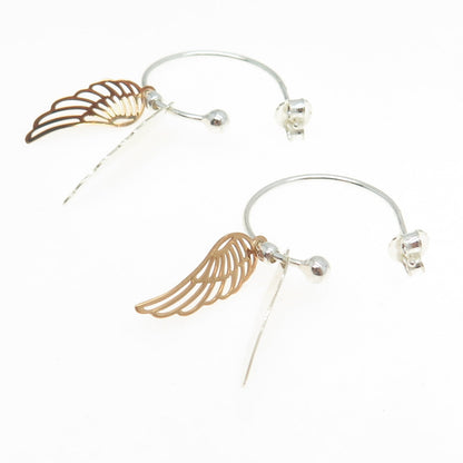 925 Sterling Silver 2-Tone Angle Wings Dangling Hoop Earrings