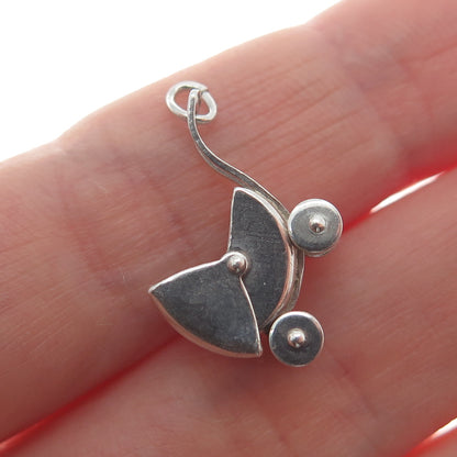 925 Sterling Silver Antique Art Deco Baby Stroller Minimalist 3D Charm Pendant