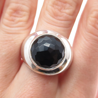 925 Sterling Silver Vintage Real Black Onyx Modernist Ring Size 8.75
