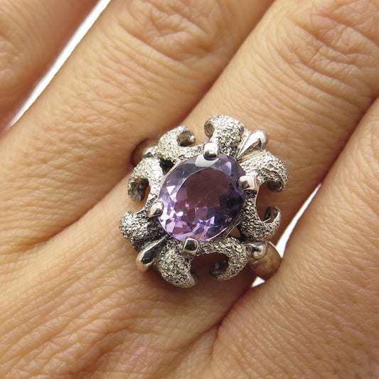 KABANA 925 Sterling Silver Vintage Real Amethyst Statement Ring Size 10.75