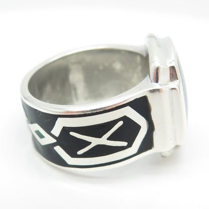 925 Sterling Silver Vintage Enamel Runic Ring Size 10