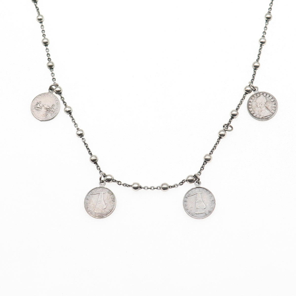 925 Sterling 835 Silver Vintage 1920-70 Italy 5 & 500 Lire Coin Necklace 16-18"