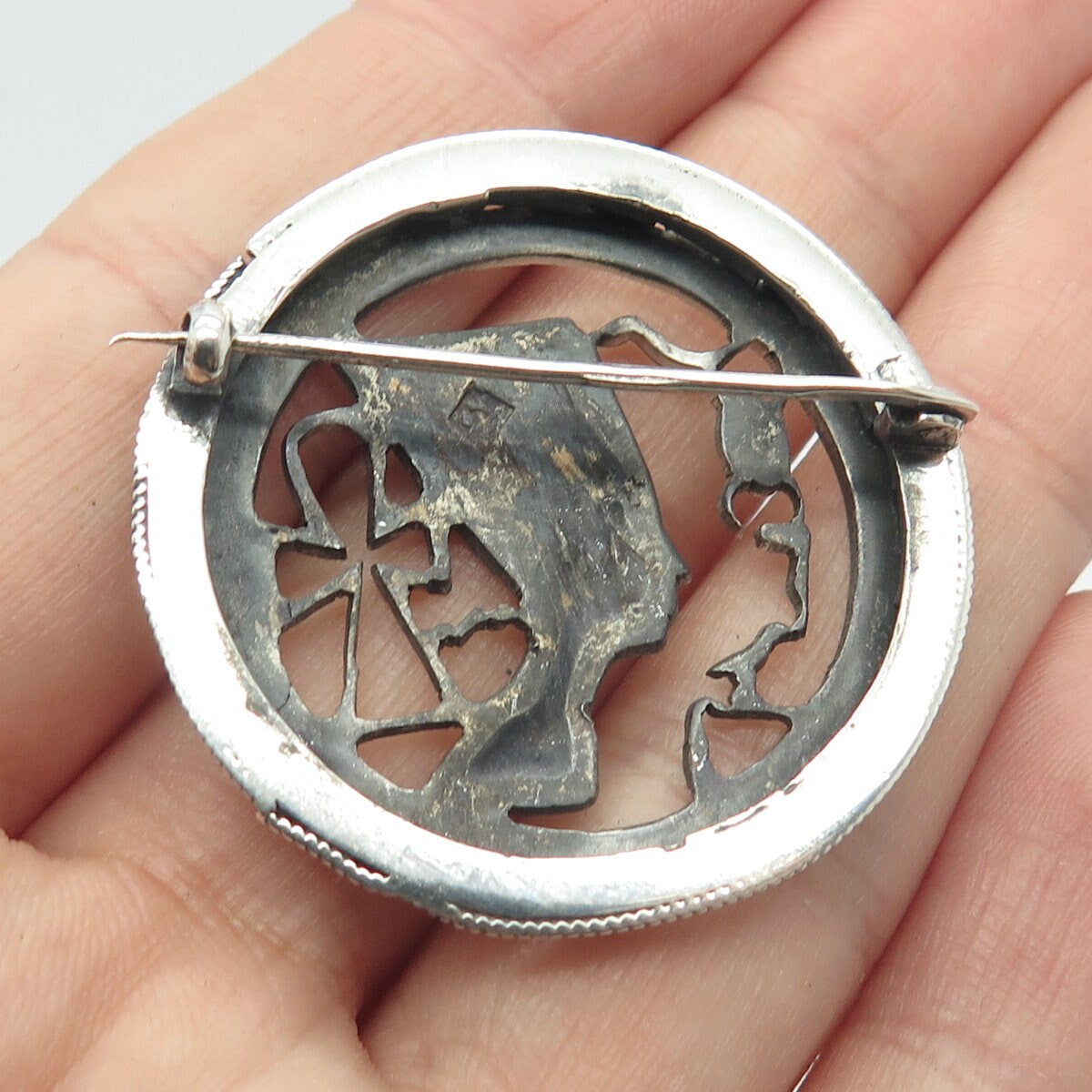 925 Sterling Silver Vintage Egypt Nefertiti Ankh Cross & Scarab Pin Brooch